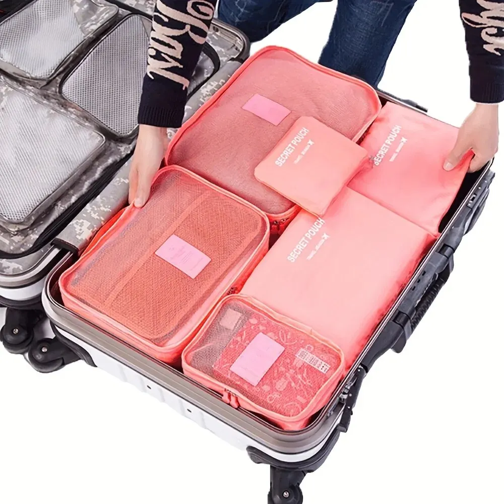 6pcs Travel Luggage Packing Cubes, Suitcase Clothes Storage Bag, Foldable Organizer Shoes Underwear Pouch