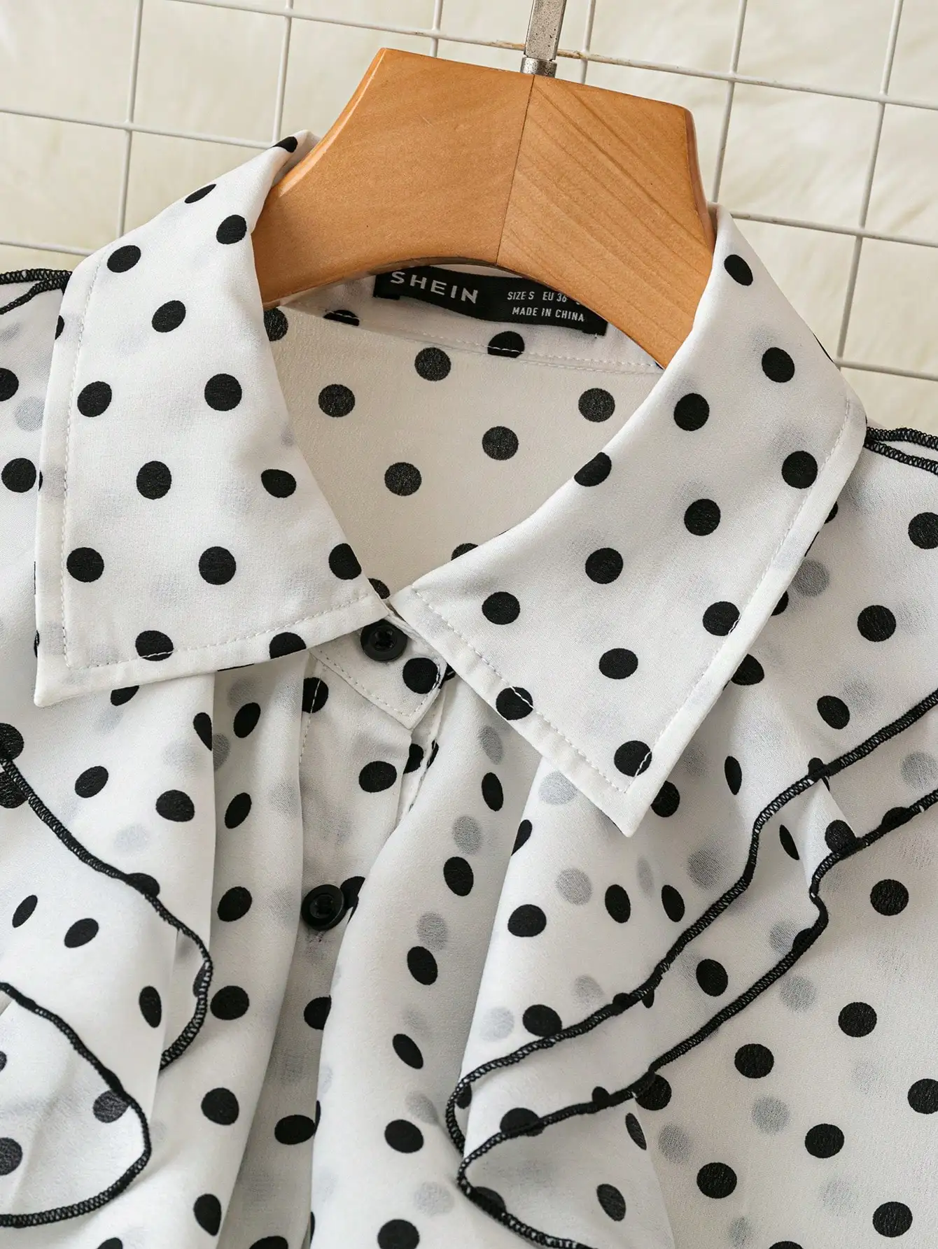 

Elegant Polka Dot Ruffle Collar Flare Sleeve Button Down Blouse