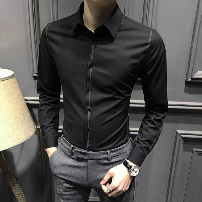 High End Fashion Simple Versatile Spring New Long Sleeve Shirt Men Lapel Collar Button Patchwork Striped Temperament Casual Top