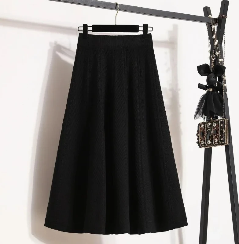 Otoño Invierno nueva falda suelta de cintura alta a media pantorrilla señora Color sólido prendas de punto suaves falda acampanada Mujer
