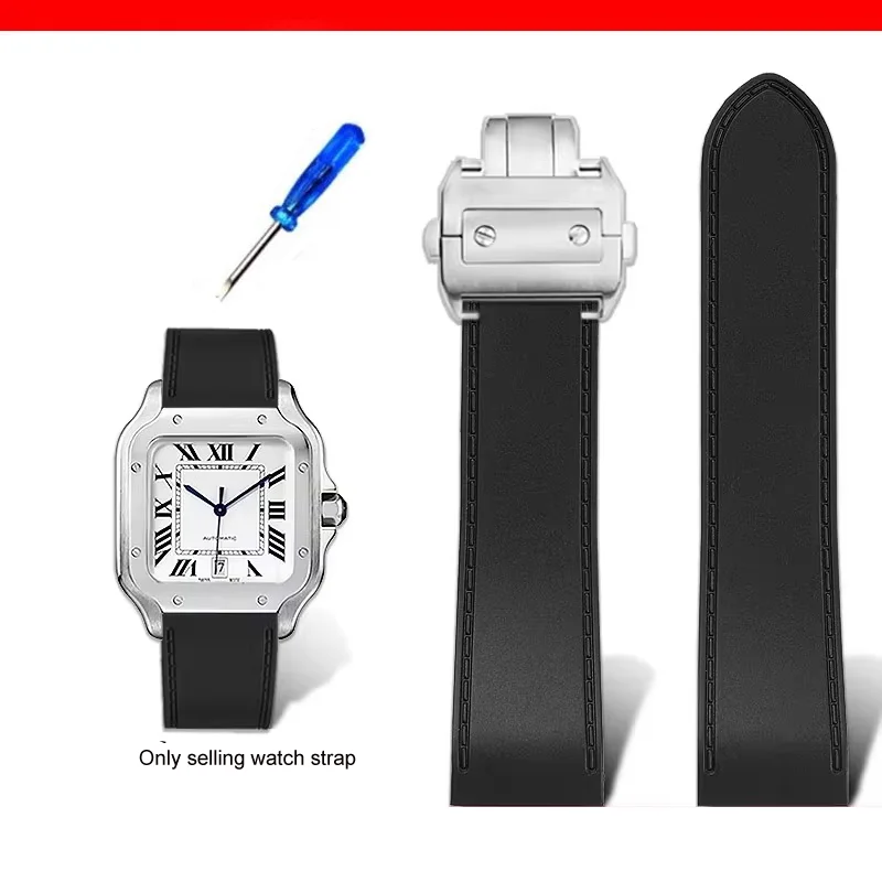 

23 25mm For Cartier santos100 Santos silicone rubber watch strap santos 100 Metal buckle watchband men Black blue soft bracelet