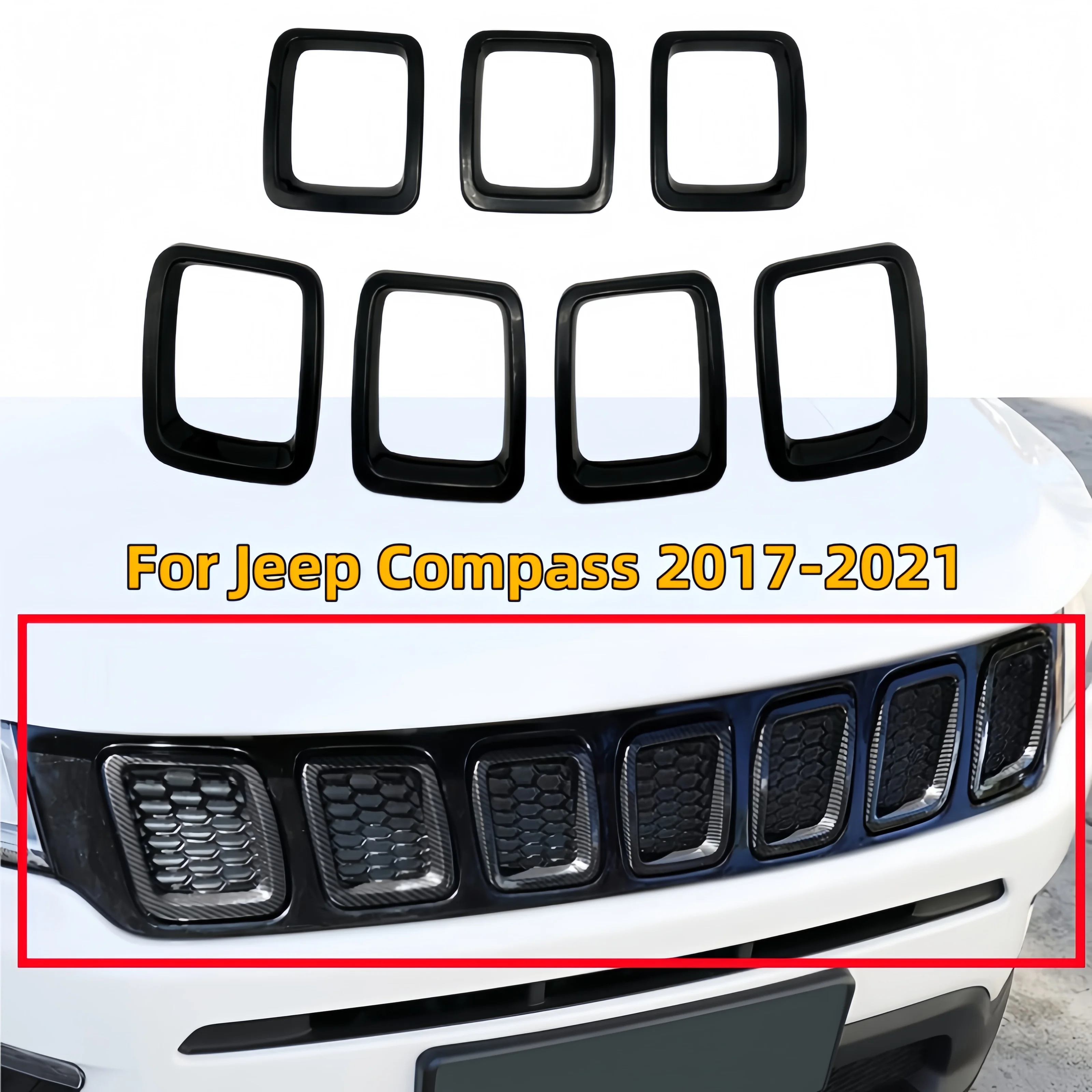 Car Accessory Front Grille Cover Grill Ring Inserts Frame Trims Kit Fit Suitable For Jeep Compass 2017-2020   Plastic Ventilatio