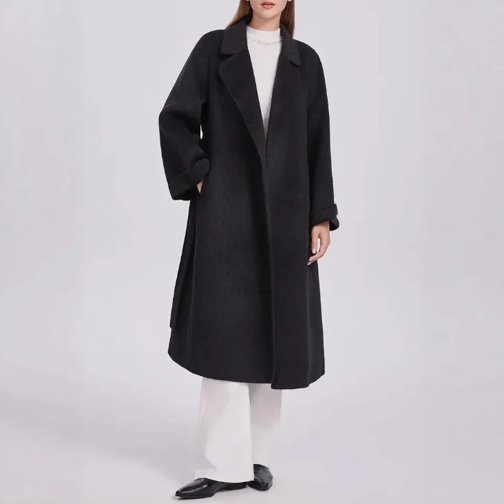 2025 Cappotto lungo in lana tinta unita elegante e semplice da donna autunno/inverno nuovo cappotto lungo con colletto casual
