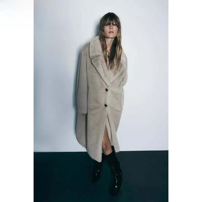 

2023 Winter New Sle Women's Long Coat Jaet Artificial Fur Effect Premium Feel V Ne Single Button Closure Regular Length