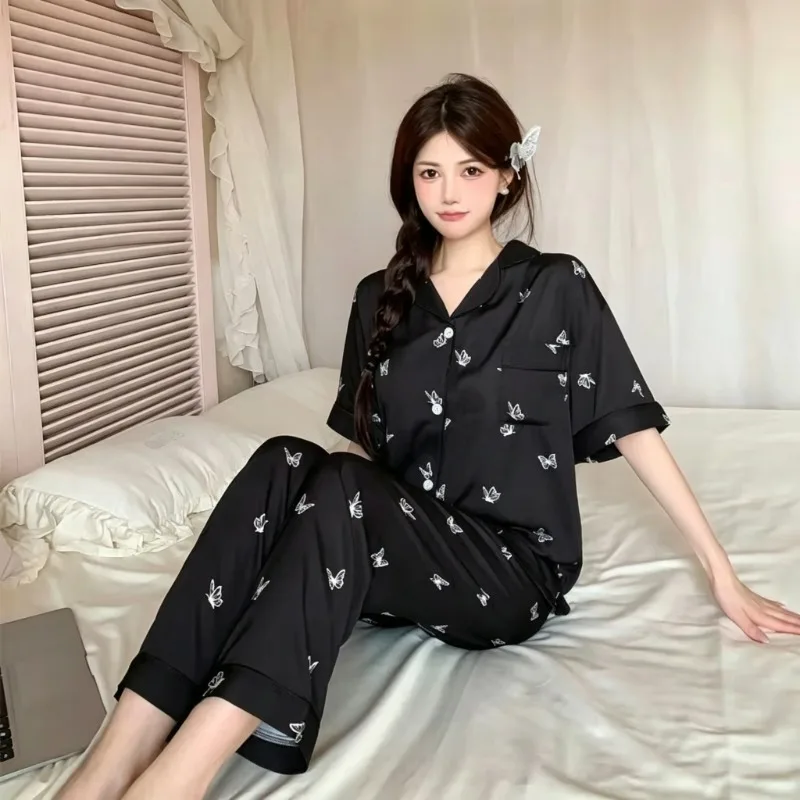 Summer Pajama Set Lapel Button Up Short Sleeve Long Pants 2Pcs Comfortable Cool Feeling Home Sleepwear Loungewear For Women