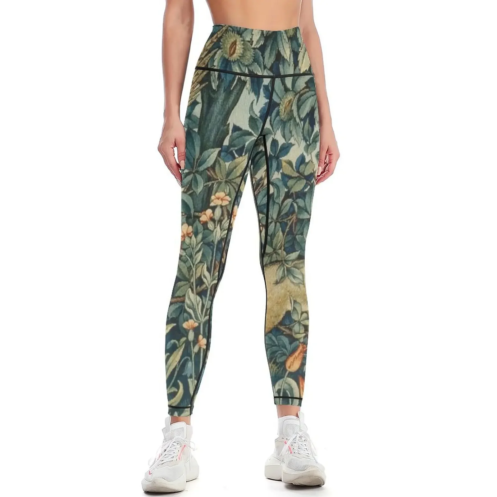 

GREENERY, FOREST ANIMALS Pheasant and Fox Сине-зеленые леггинсы с гобеленом и цветочным принтом Женская одежда для фитнеса и спортзала Женские леггинсы