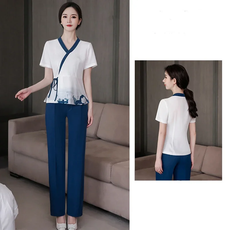 Aesthetic Uniforms Summer Short Sleeve Beauty Salon Sets Women's Spa Beautician Clothes Hotel Massage Chinese Workwear