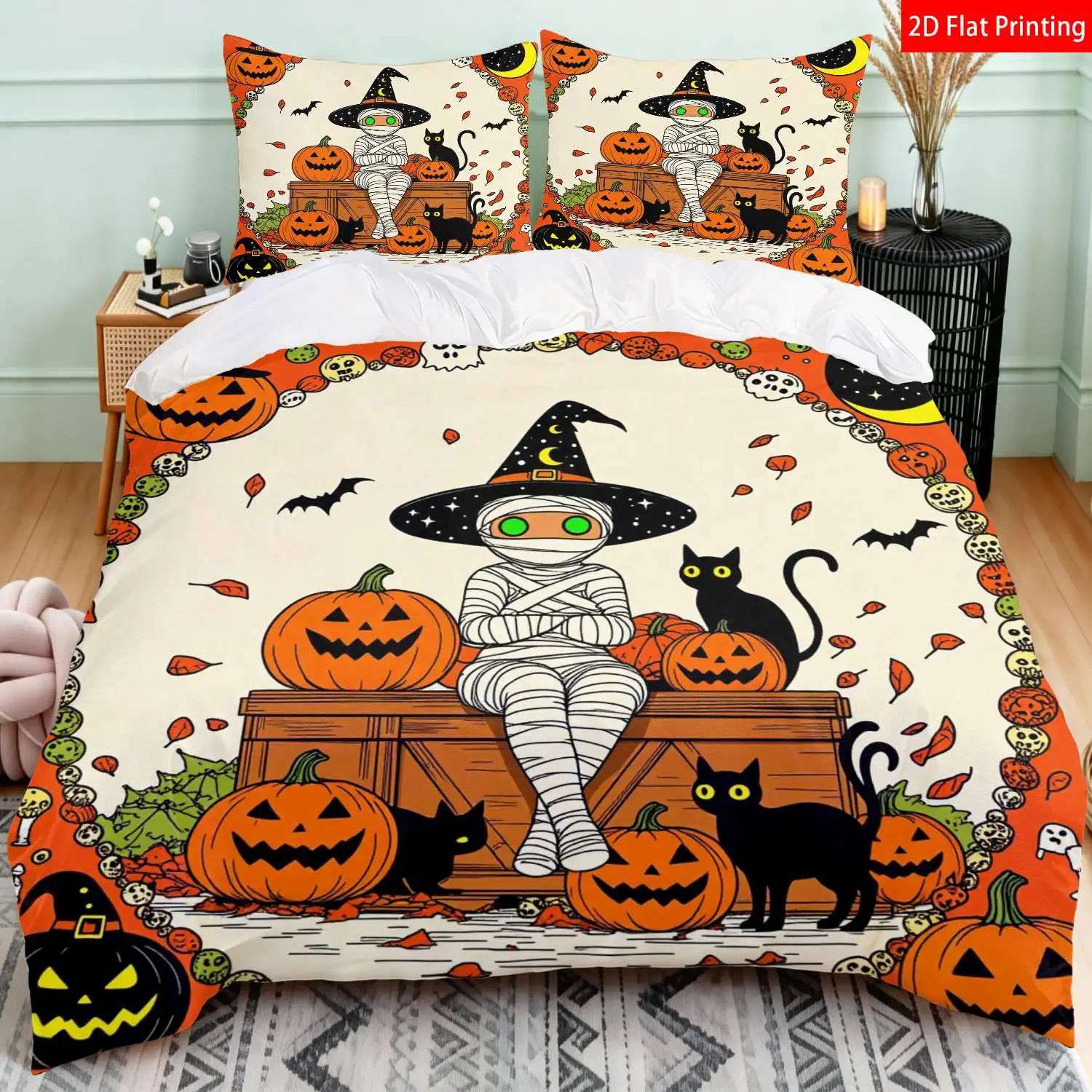 Halloween Duvet Cover Set 3Pcs Pumpkin Witch Cat Bat Moon Pattern Bedding Set Orange Black Machine Washable Quilt