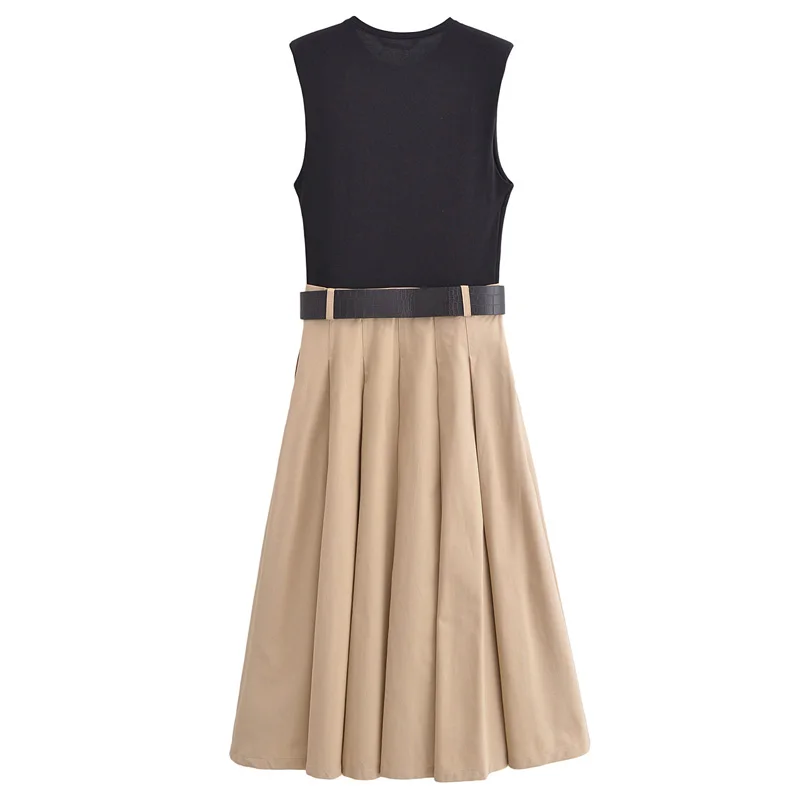 HXAO 2025 Woman Pleated Dress Women's Dress Summer O-Neck Sleeveless Long Dresses Patchwork Belt Vestidos Fashion Resort Dresses