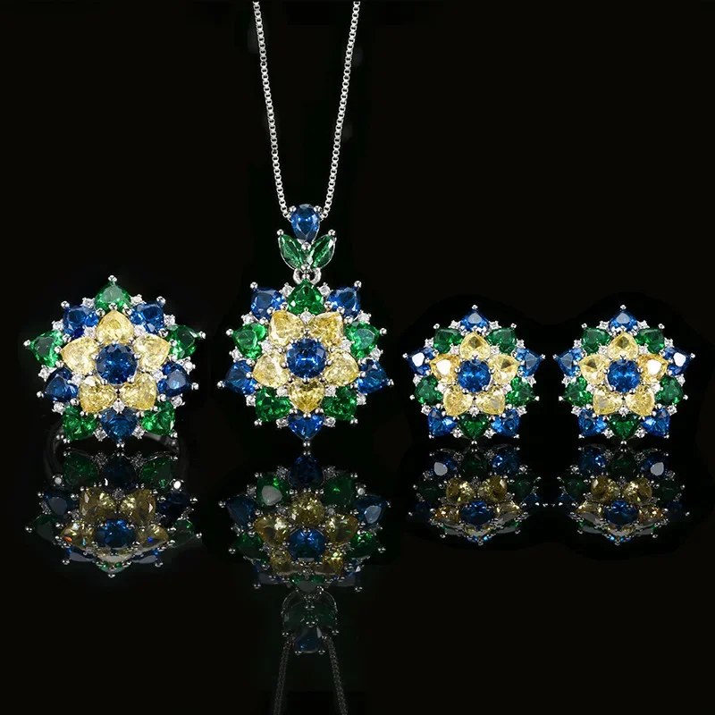 

Multicolored Floral Style Jewelry Sparkling Pendant Necklace Ring Earrings with Blue Green Stones Trendy Fashion Accessory Women