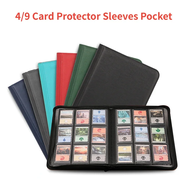 PU Leather 4/9 Pockets Game Card Book Card Side Loading Binder TCG Game Zipper Card Album Fixed Pockets Pages for MG/PKM/FOW/YGO