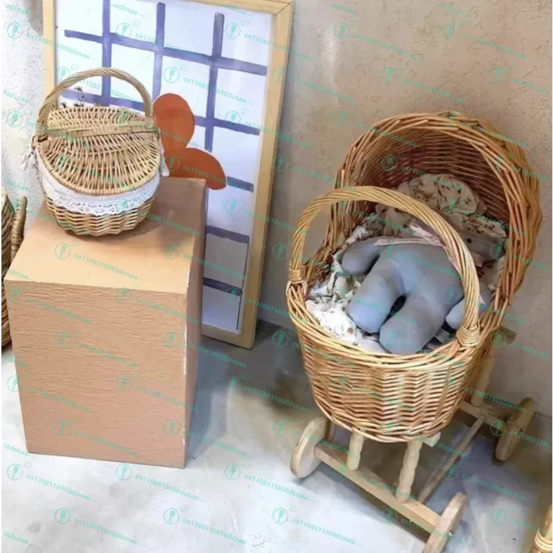 ins-rattan-weave-stroller-toy-studio-photo-props-baby-doll-carriage-children's-room-decoration-play-house-cart-pretend-play-toy