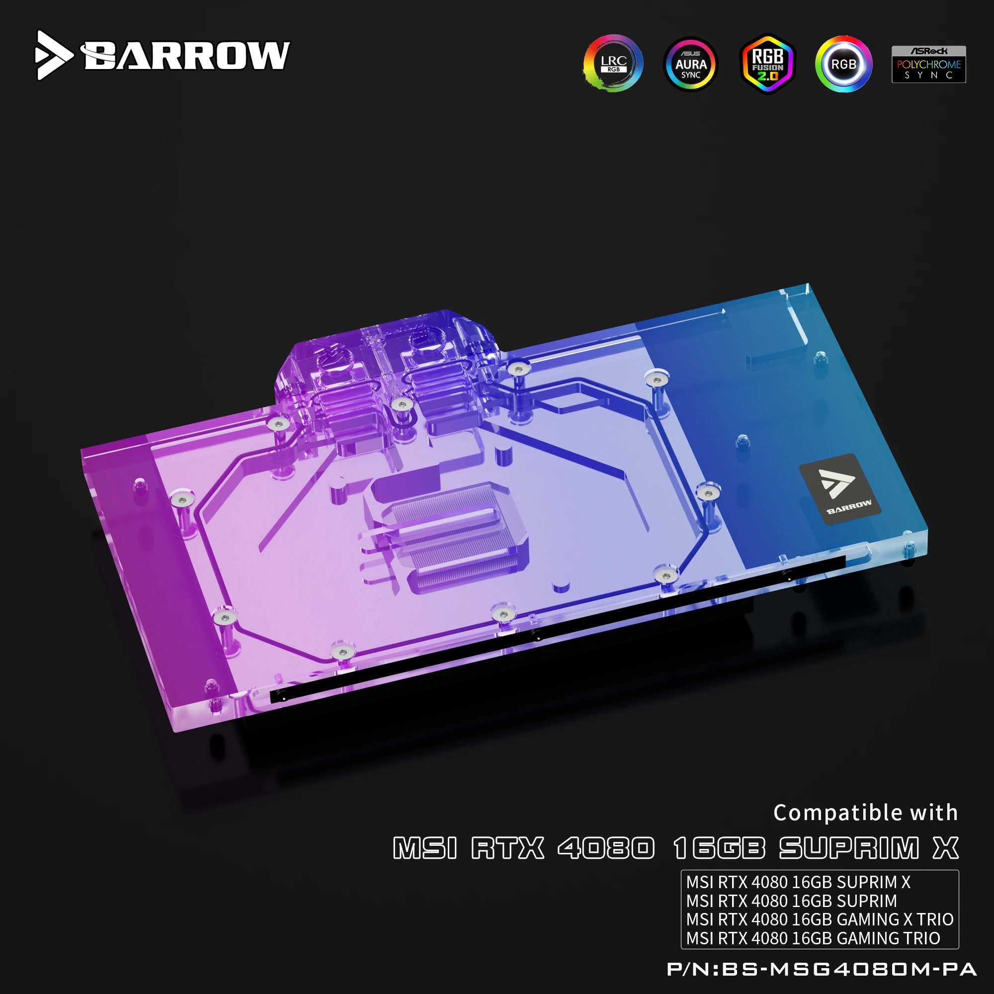 BARROW BS-MSG4080M-PA Water Block  for MSI RTX 4080 16GB GAMING X TRIO/ SUPRIM X GPU Card Copper Cooling RGB Radiator