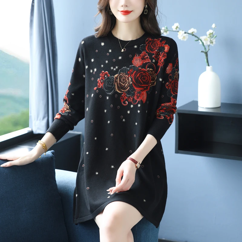 

Floral Print Sweaters Dress Autumn Winter Casual Long Sleeve Top Pullovers Knitwear Jumper Pull Long Sweater Dresses