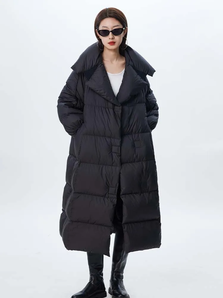 Luxury Women\'s Long goose down jacket 2024 Winter Warm Gray Notched collar puffer coat warm oversize Black white INKEO DJ019