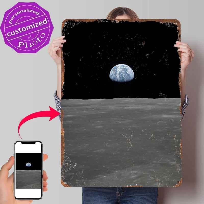 Earth Rise Blechposter, individuelle Wandkunst, Retro-Vintage-Metallschilder für Fans, Dekoration, Raumdekoration, gemütliche Wanddekoration, Inneneinrichtung