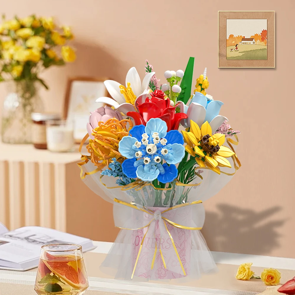 

Набор микро-блоков HUIQIBAO MOC: Букет цветов (розы, подсолнухи) — мини-конструктор DIY, детская игрушка, декор для стола.