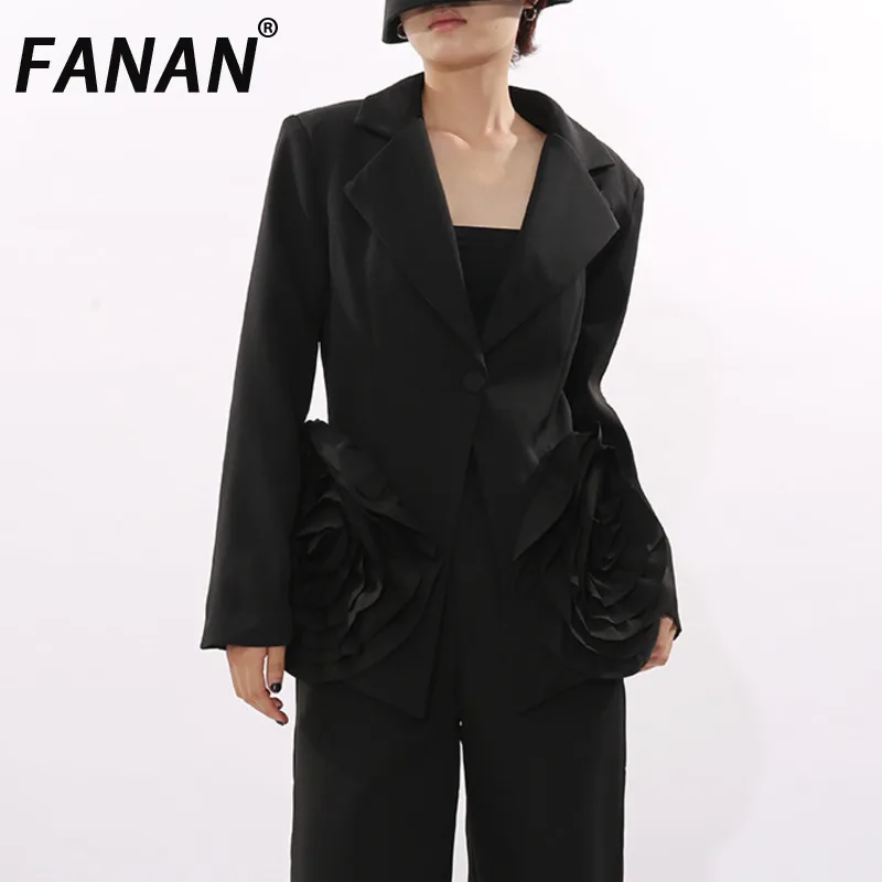 

FANAN Fashion 3D Flower Design Blazers For Women Notched Single Button Gathered Waist Jackets Female Coats Elegant Autumn New
