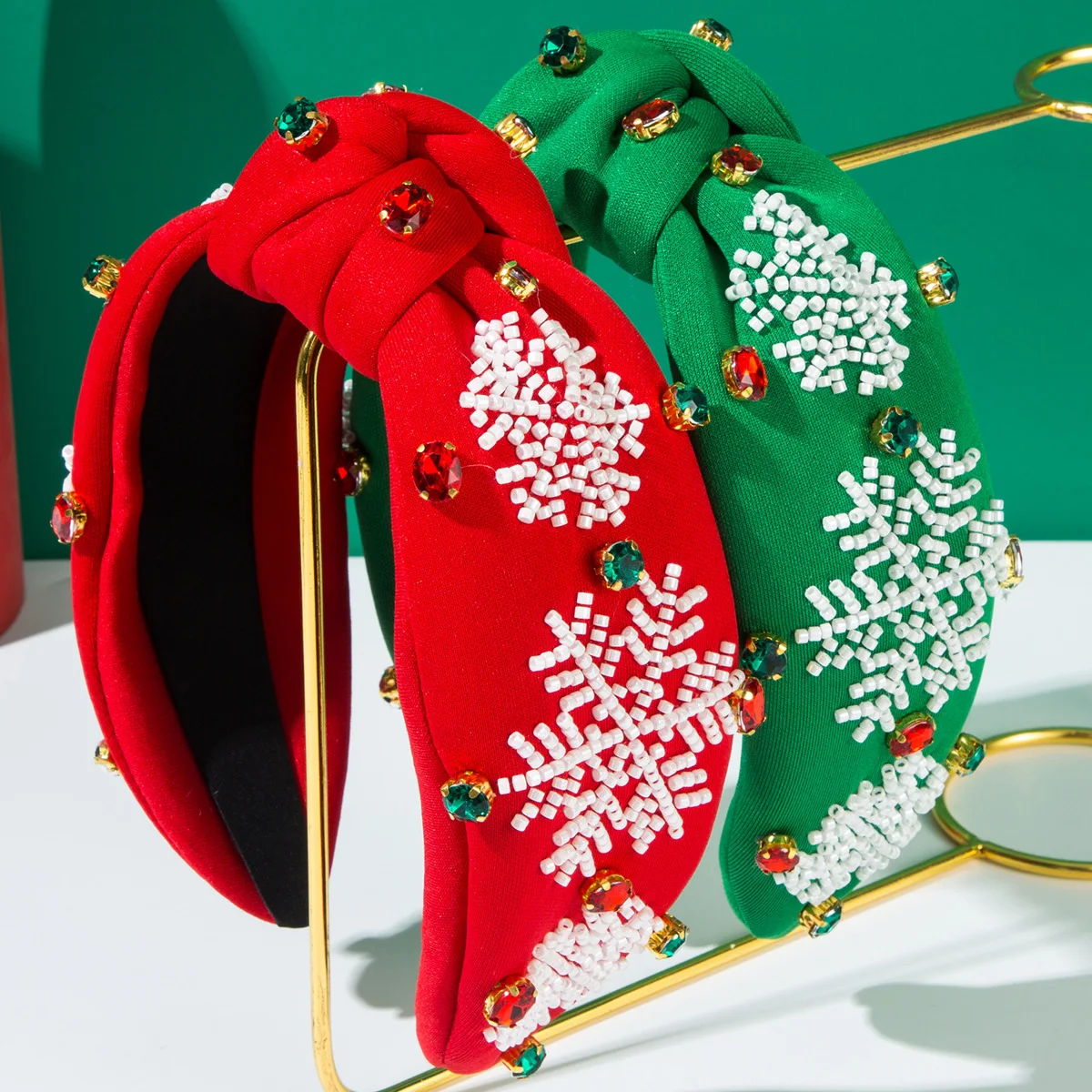 

Popular Christmas headband women's hand-sewn rice bead snowflake headband knotted high cranial top holiday hair accessories