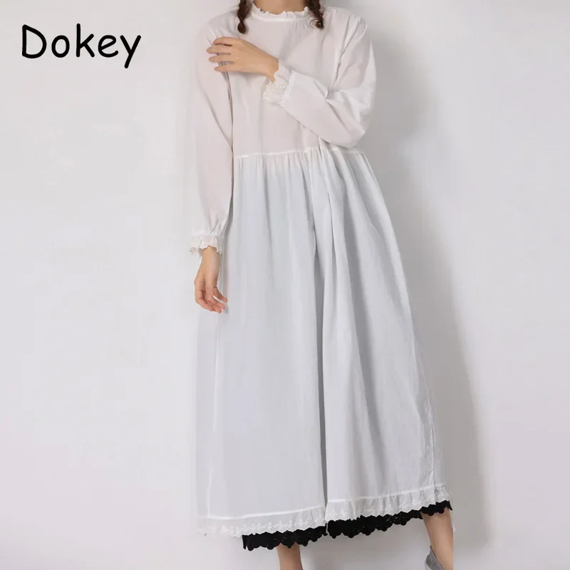 Vintage Japan Style Mori Girl Cotton Linen White Dress Women Autumn O-neck Long Sleeve Shirt Dresses Casual vestidos para mujer