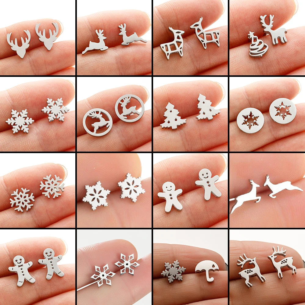 Trendy Earings Jewelry Small Stainless Steel Snowflake Stud Earrings For Women Christmas Tree Deer Ear Piercing 2024