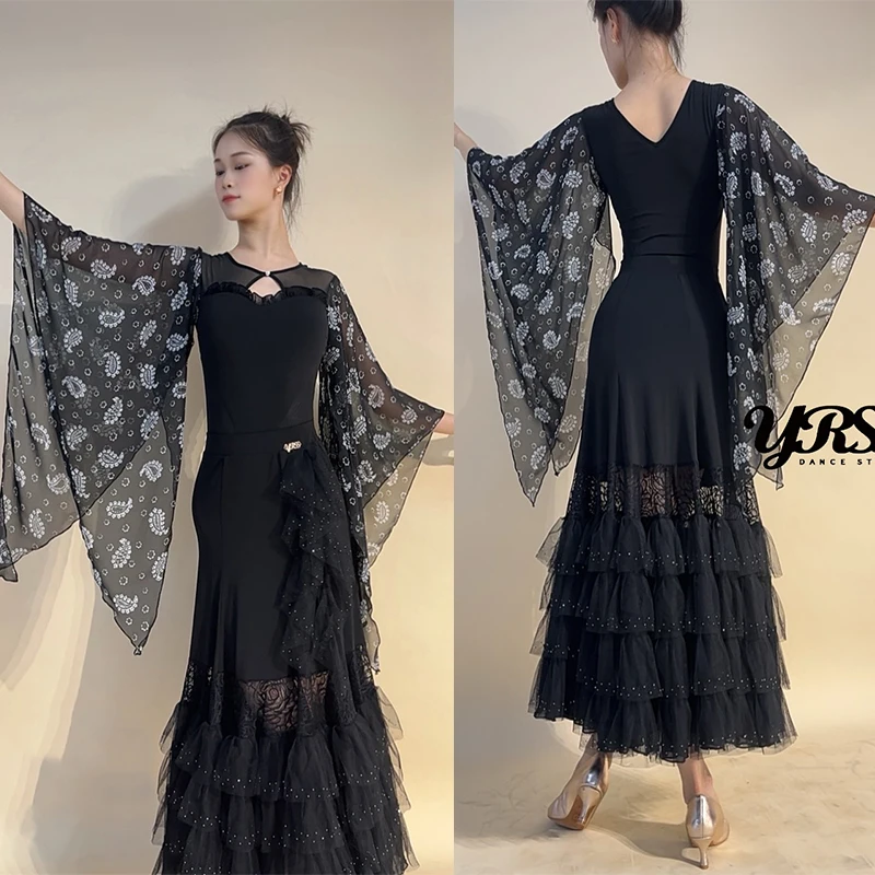 Vêtements de danse de salon pour femmes, Costume de spectacle, manches en mousseline de soie, hauts, jupe en dentelle, robe de danse valse, vêtements de compétition BL16766