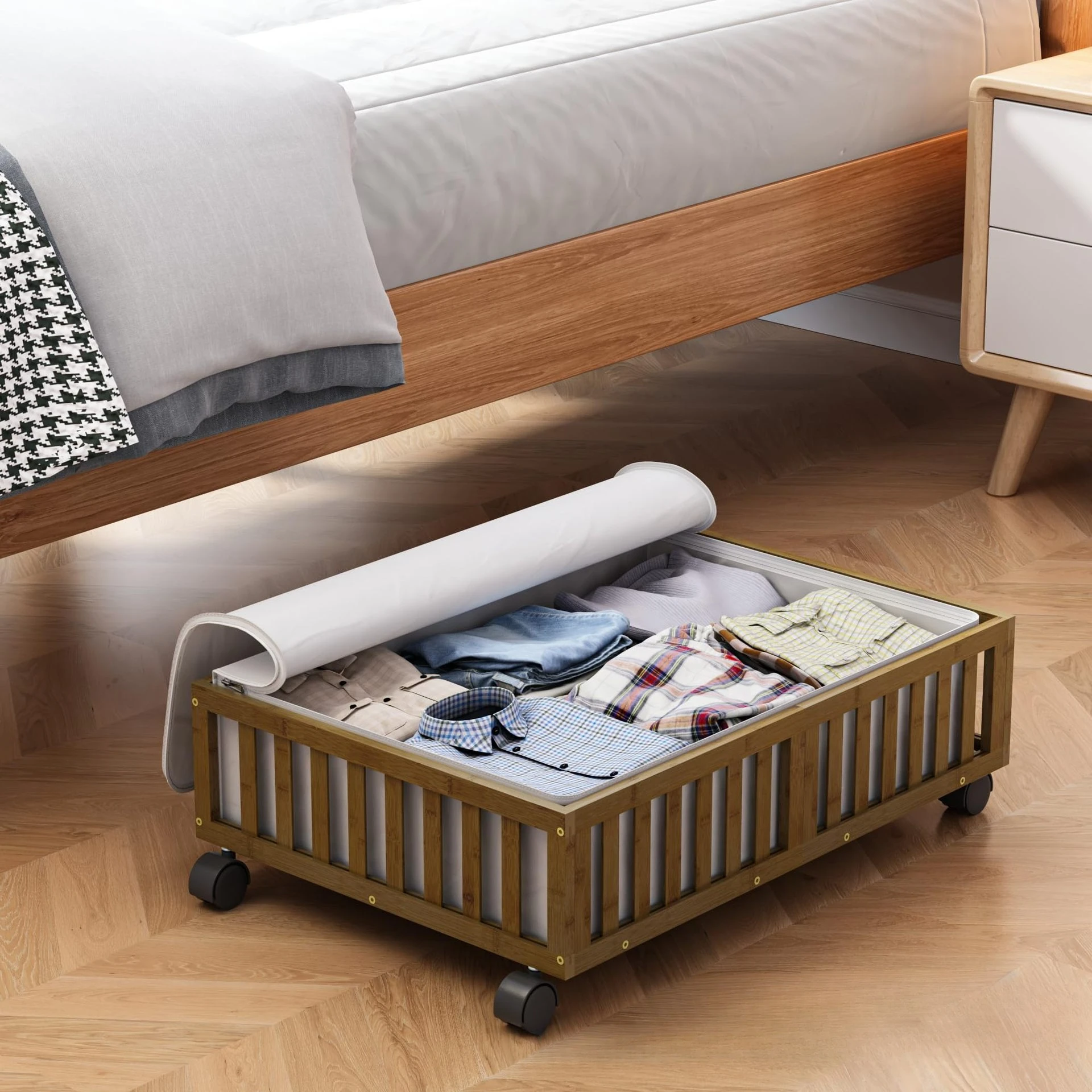 Dust-proof storage basket under wooden bed with pulley, clothes, shoes, storage box, children's toy box, wardrobe,