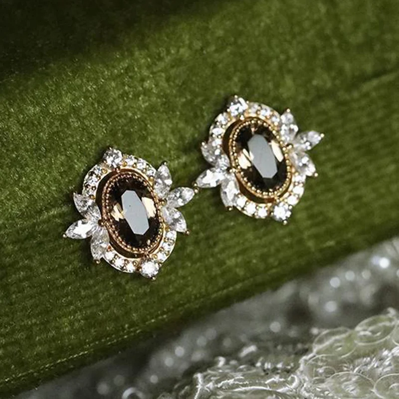 Fashion Vintage Inlaid Brown Zircon Female Stud Earrings Anniversary Christmas Gift Beach Party Jewelry