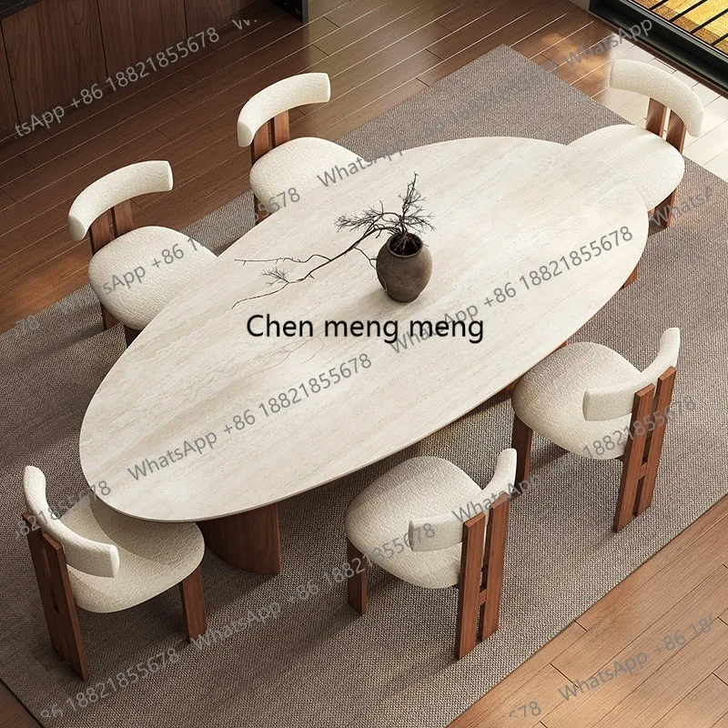 Mesa de jantar em laje de travertino off-white, mesa de centro, mesa de jantar doméstica em madeira maciça de nogueira e mármore estilo antigo