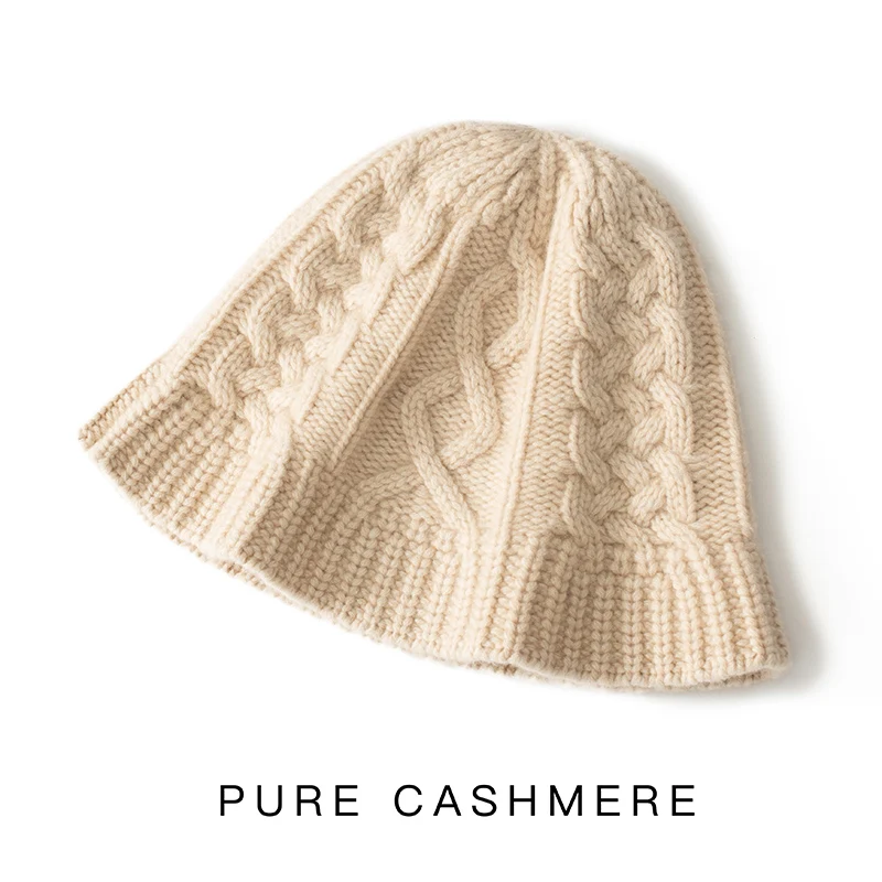 

Autumn Winter New 100% Pure Cashmere Hat Women's Korean Style Soild Twist Flower Casual Knit Hat Bucket Hat High-end Outwear