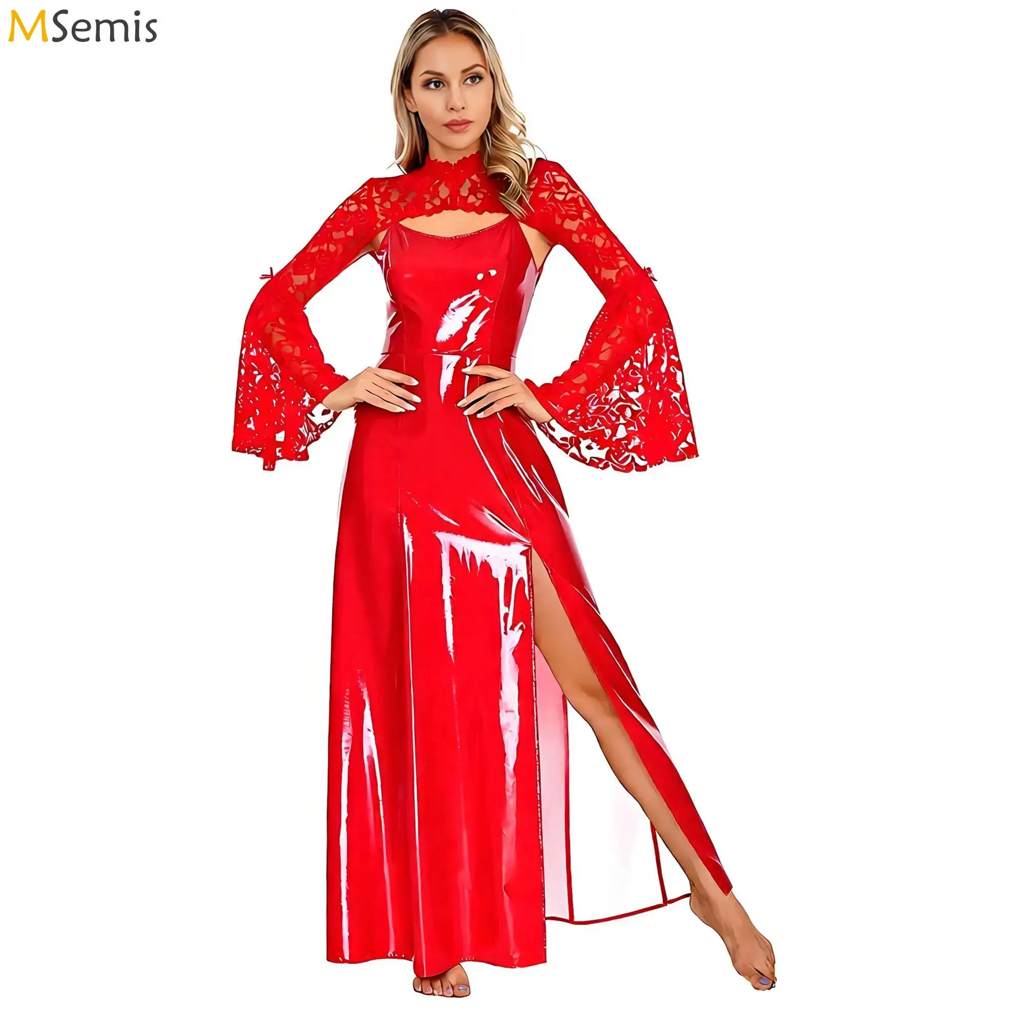 Womens Medieval Gothic Glossy PU Dress And Sheer Floral Lace Shrugs Shawls Cropped Side Slit Hem Dress for Vampire Witch Cosplay