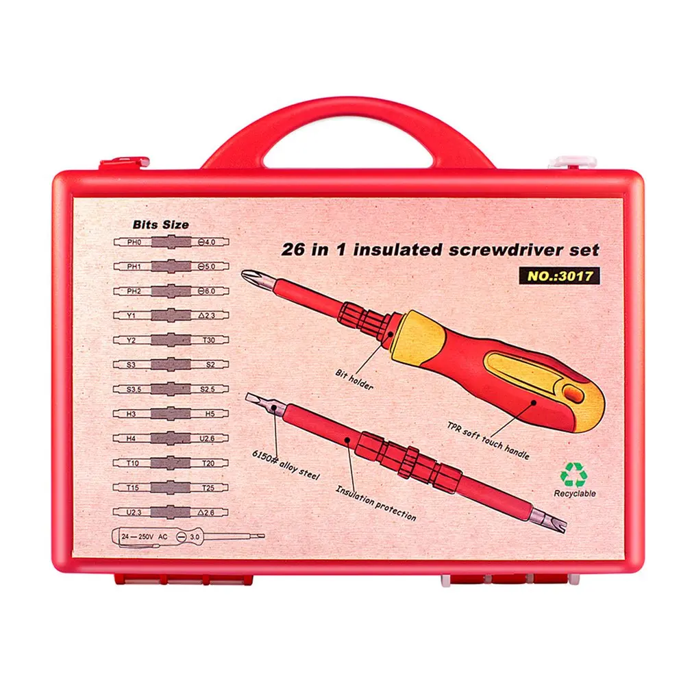 26 Pcs/set Insulated Screwdriver Set Precision Removable Magnetic Bits Torx Hex Slotted Household Repair Hand Tool