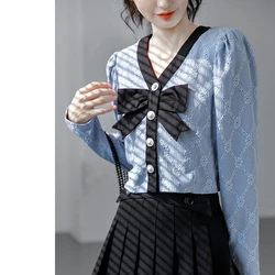 Short V Neck Hollow Out Blouse Spring Autumn New Long Sleeve Bow Patchwork Solid Korean Shirt Tops Sweet Fashion Women Clothing