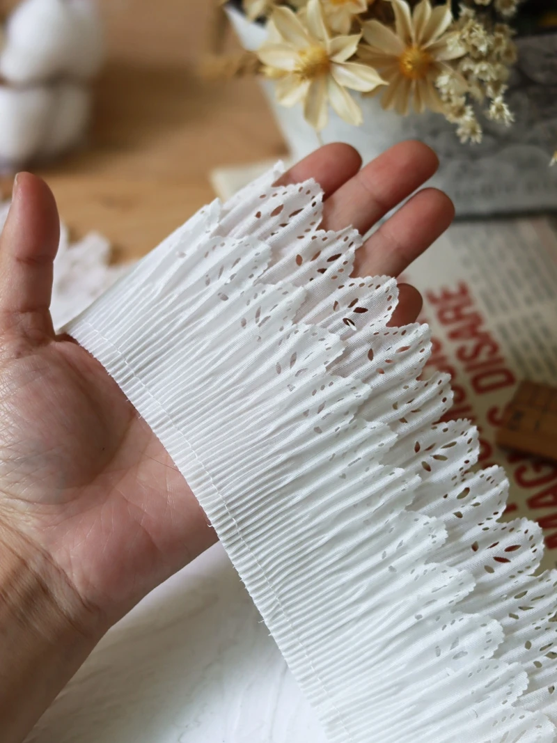 9CM Stretch white double layer pleated lace accessories hollowed out crimped cuffs trouser legs skirt material width