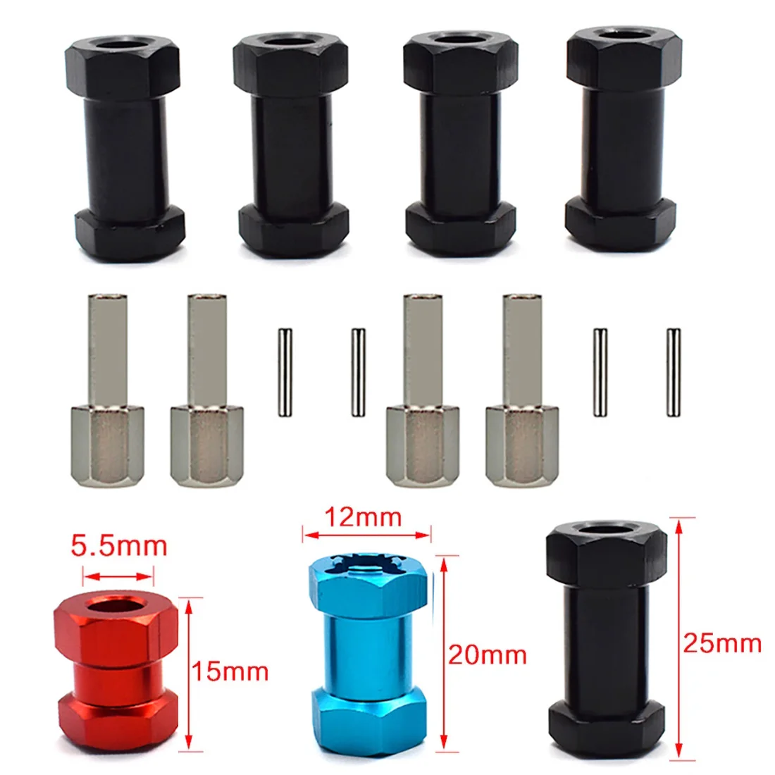 4pcs Aluminum RC Car 12mm Hex Wheel Hub Drive Adaptor 15/20/25mm Extension Combiner Coupler for 1/10 RC Crawler Axial SCX10 D90