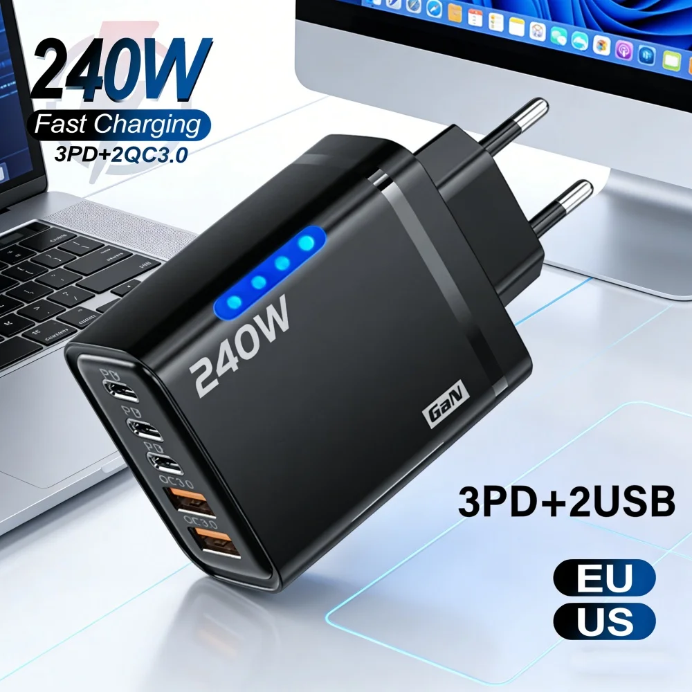 5Ports 240W GaN PD Charger USB C Fast Charging Wall Adapter USB Type C Quick Charge 3.0 Charger For iPhone Samsung Xiaomi Huawei