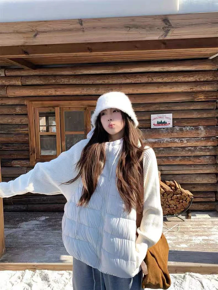 Casacos de parka de retalhos de malha feminino coreano inverno quente falso 2 peça emenda para baixo jaqueta y2k solto casual hoodie puffer outwear