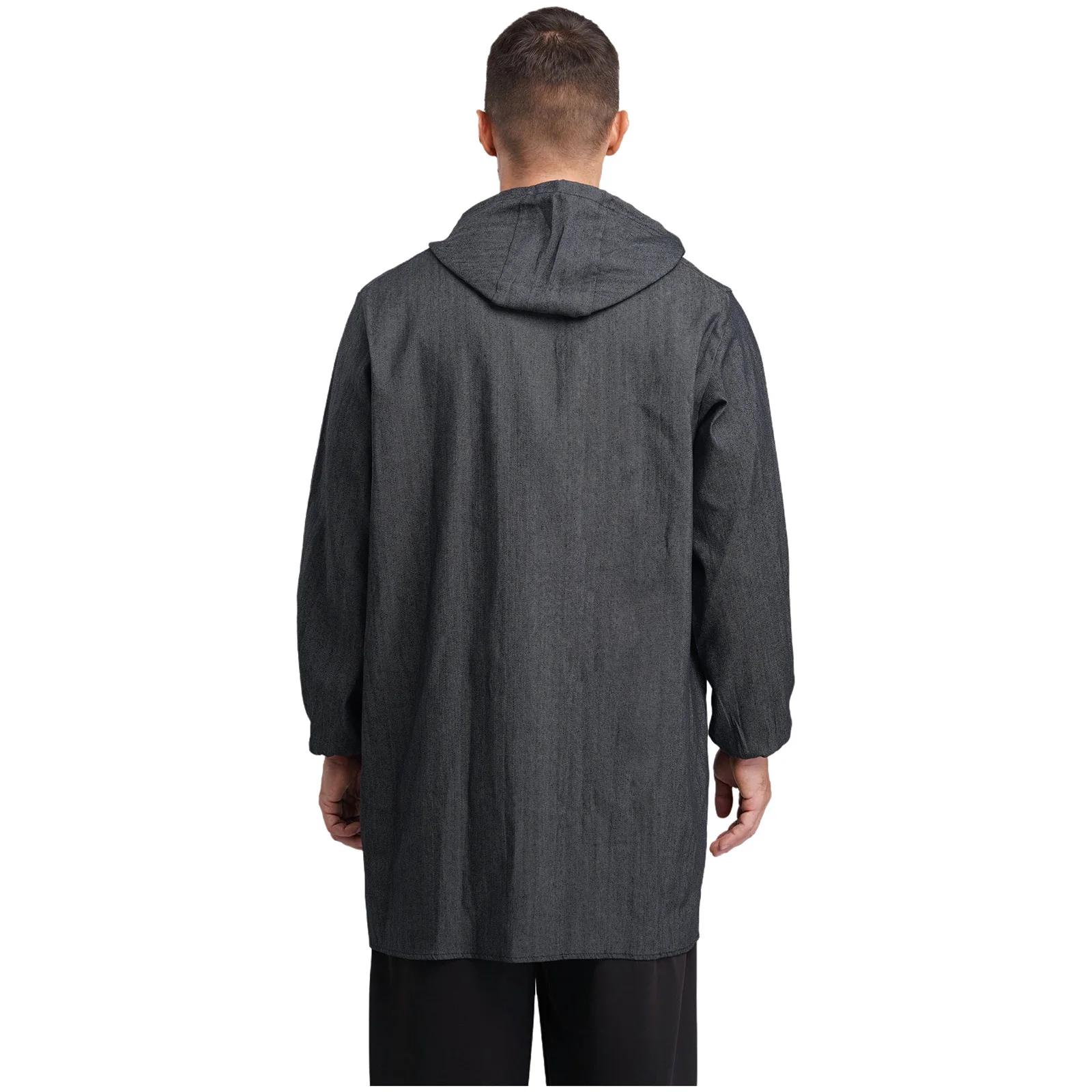 Męski kombinezon roboczy, wytrzymały, z kapturem, dżinsowy, zapinany na guziki, z kieszeniami, fartuch, kurtka, odzież warsztatowa, strój do malowania natryskowego.