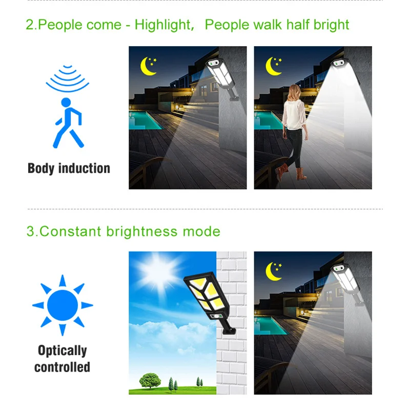 Solar Street Light Outdoor Wireless COB Solar Security Wall Light Motion Sensor with 3 Lighting Modes Remote Control Street Lamp