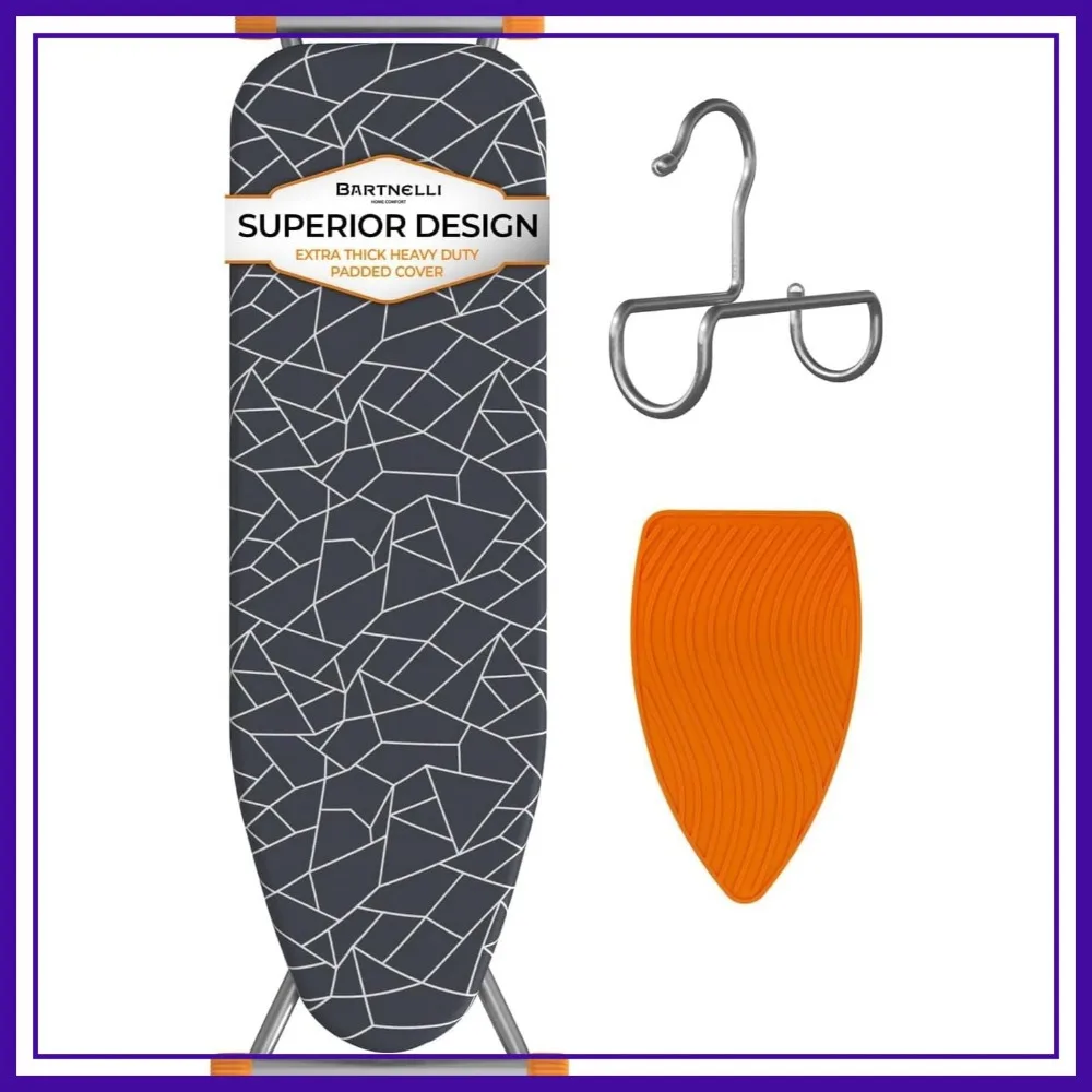 

Compact Foldable Ironing Board 13x43 with Adjustable Height, Cotton Cover, Bonus Hanger & Iron Pad