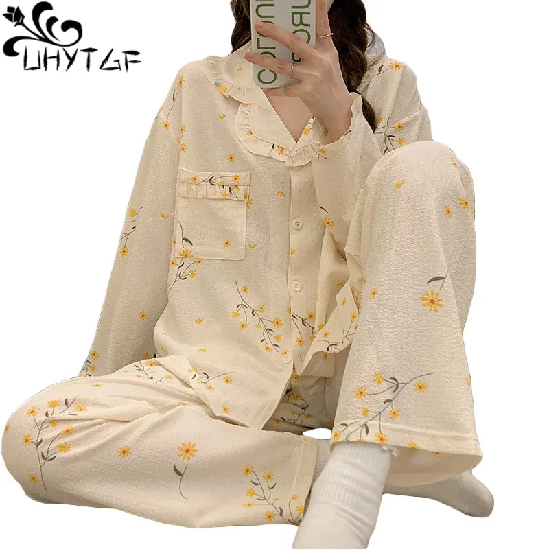 Uhytgf Womens Pyjama Lange Mouw Mooie Home Kleding Vrouwelijke Herfst Winter Tweedelige Sets Nachtkleding Dames Katoenen Nachtjapon 2514