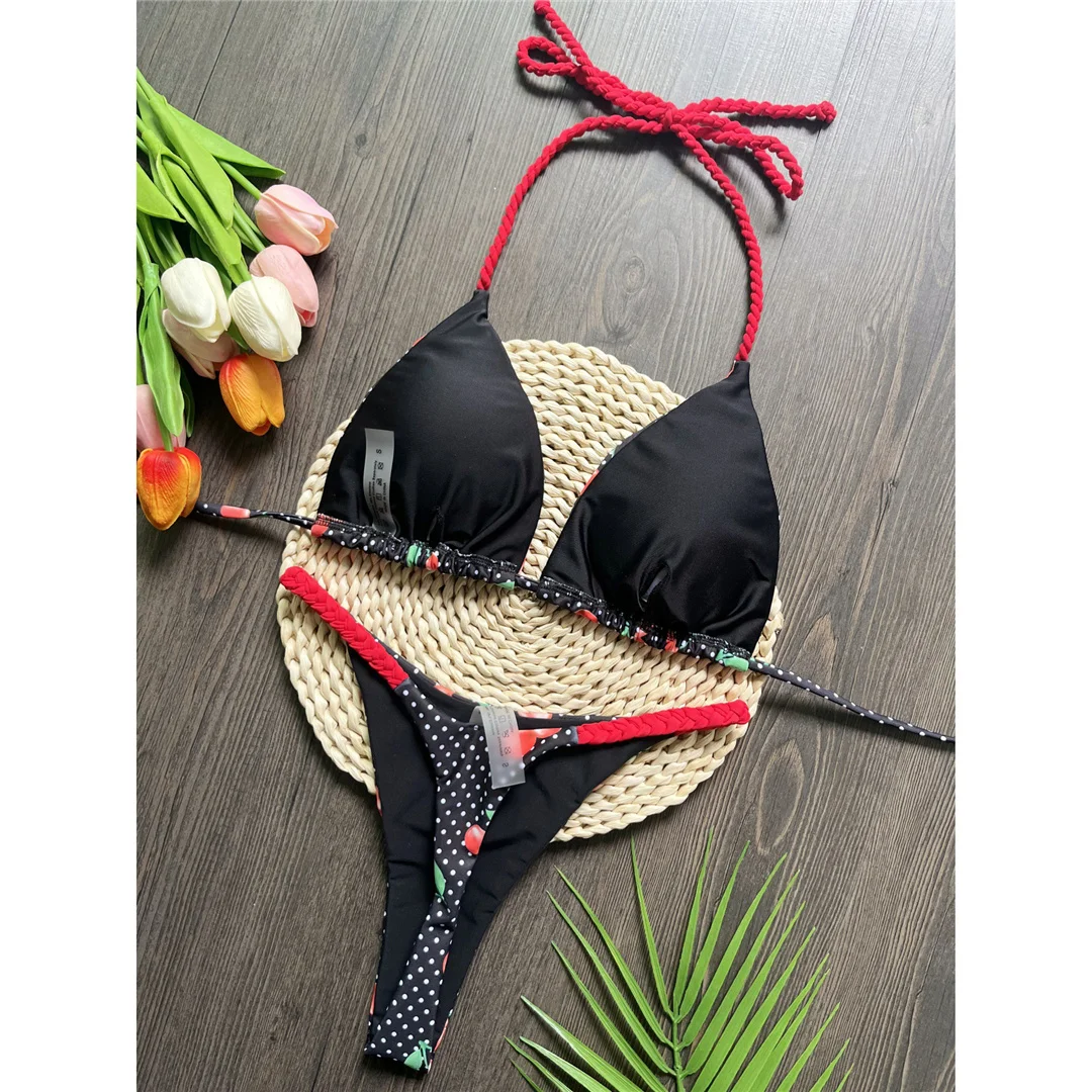 Kariertes Halterneck-Mini-Micro-Tanga-Bikini-Set für Damen, zweiteiliger Badeanzug, Badebekleidung, Badeanzug, Schwimmbikini V6171 – Detail 11