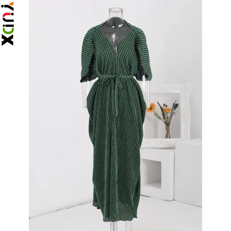 

YUDX Miyake Sequins Striped Pleated Long Dress Women V Neck Belt Gathered Waist Fashion Dresses Elegant Party 2024 New