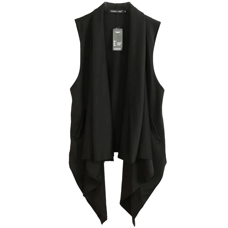 Fashion Male Sleeveless Cardigan Irregularity Design Waistcoat Black Casual Loose Jacket Vest Man Spring Vintage Solid Gilets Ne