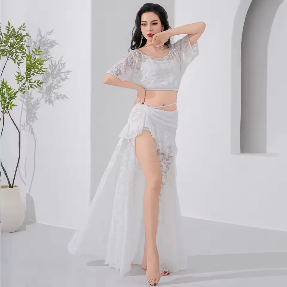 Elegant Belly Dance Outfit Floral Lace Costume Oriental Dance 2 Pieces Set Girls Group Dance Training Outfits Ruffled Skirt Slit