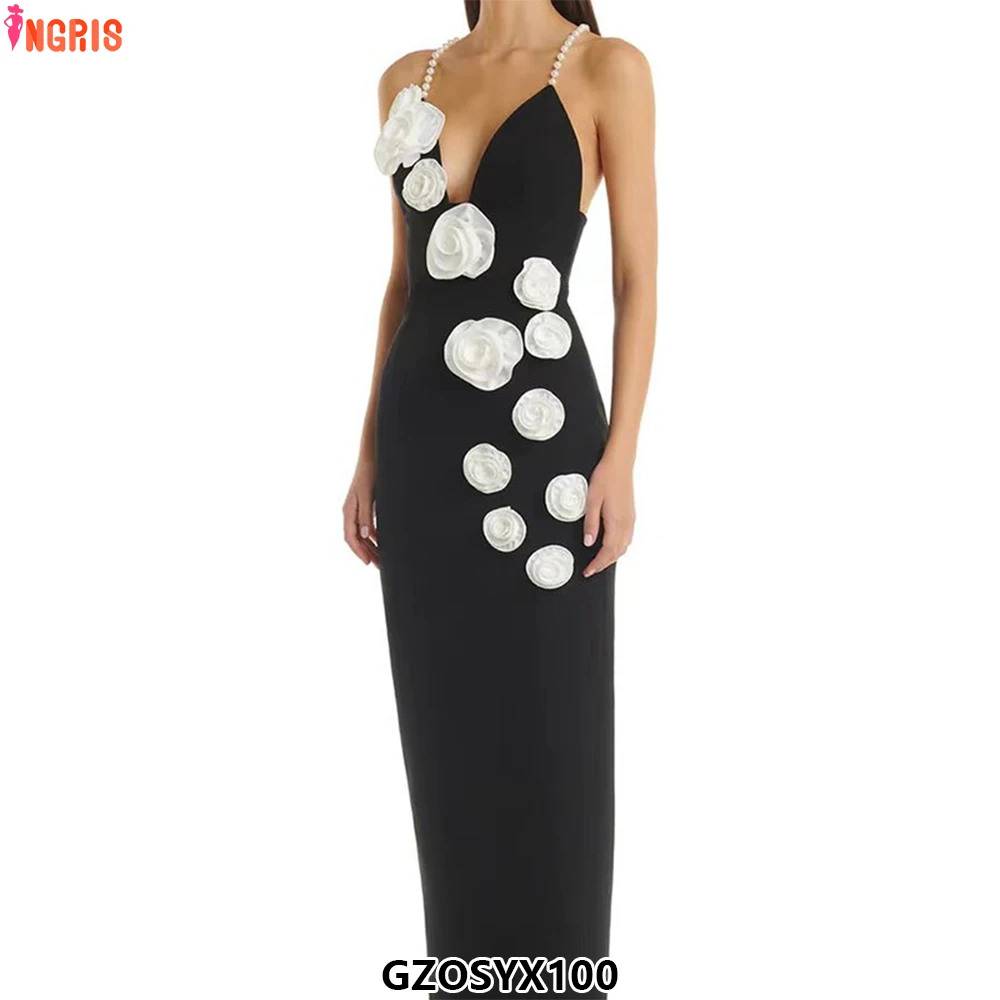 

2025 Autumn New Sexy Bandage Dress and Women's Casual Gown With Pearl Suspender and Thin Floral Print-GZOSYX100