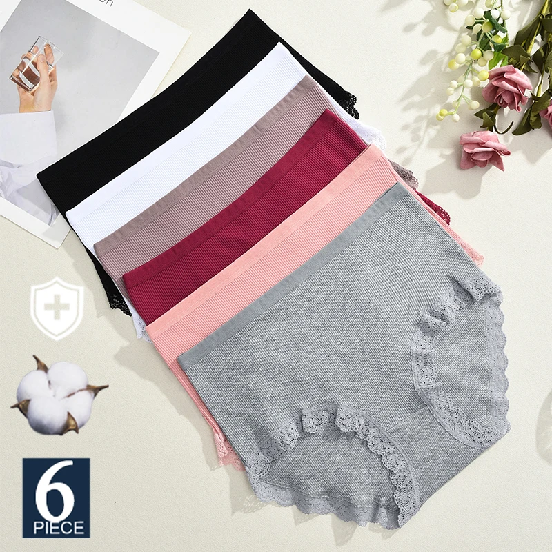 FINETOO 6Pcs Baumwolle Panty Atem Unterwäsche Sexy Spitze Höschen Hohe Taille Frauen Slip Mädchen Komfort Unterhose Weibliche Dessous