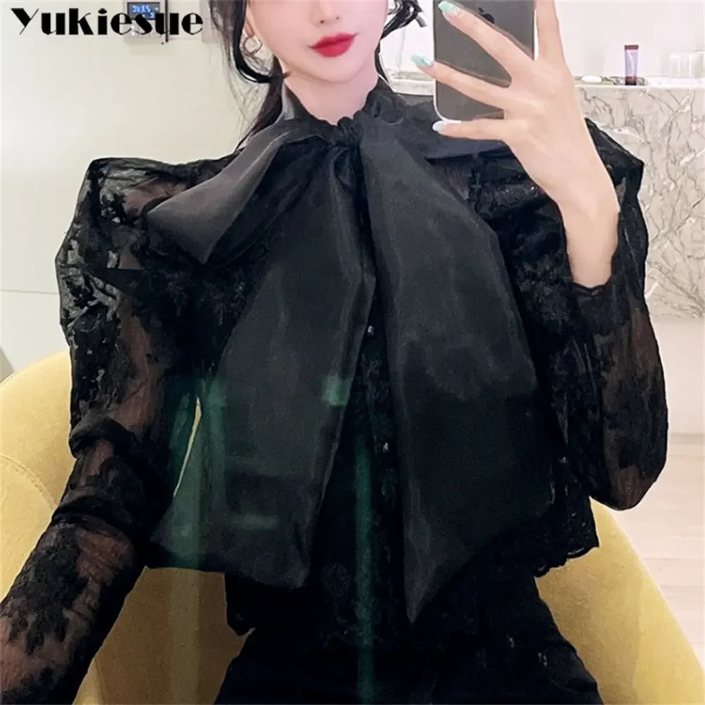 

2025 Spring Autumn Fashion Bow Neck Female Blouses Temperament Perspective Women Sexy Lace Shirt Flower Embroidery Puff Sleevel