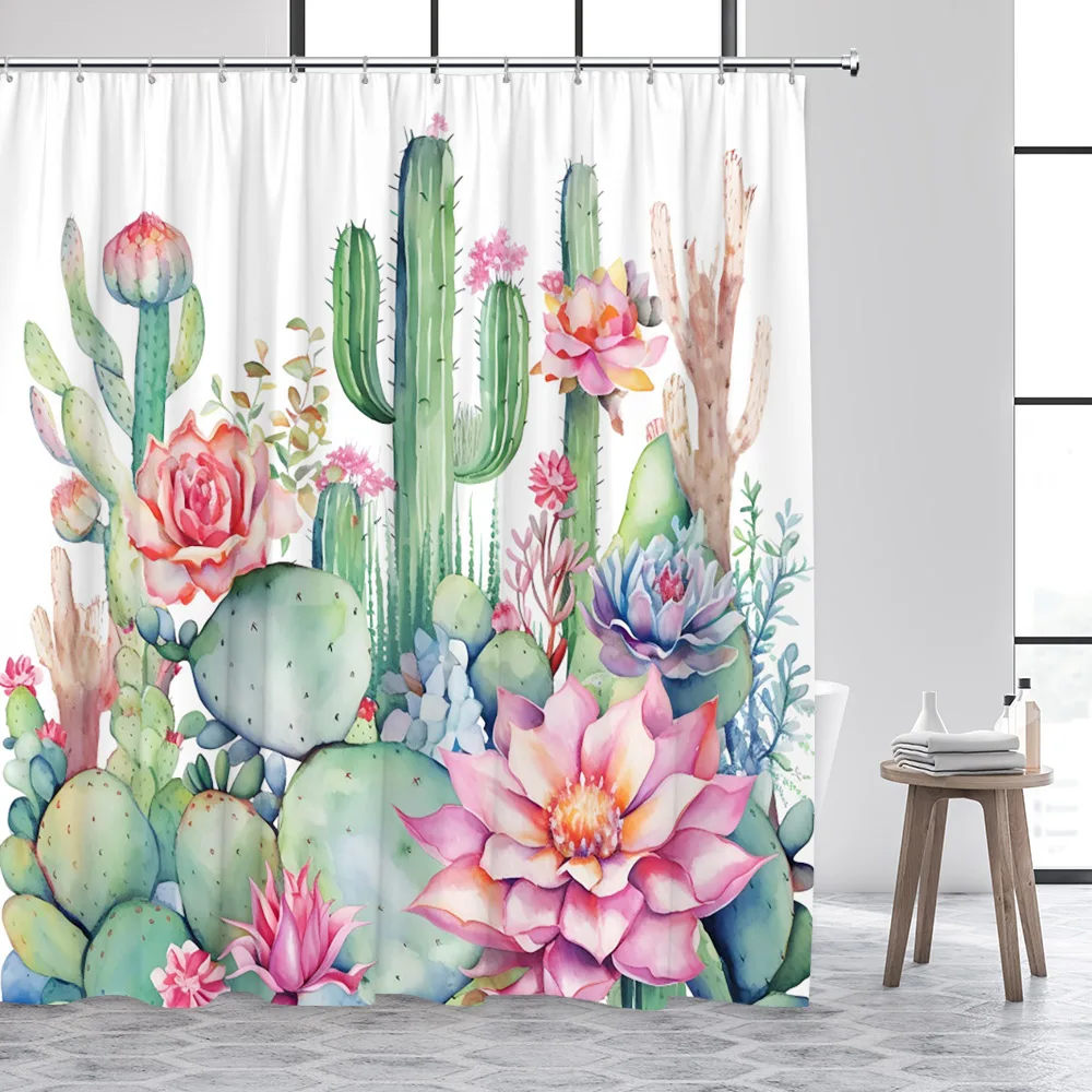 Tropical Cactus Shower Curtains Floral Desert Succulent Plants Bath Curtain Set Polyester Fabric Home Bathroom Decor with Hooks