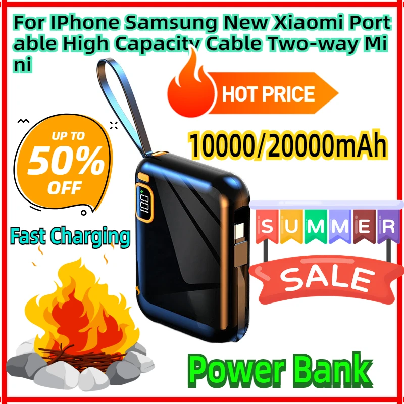 

For IPhone Samsung New Xiaomi 10000mAh Portable Power Bank High Capacity Cable Two-way Fast Charging Mini